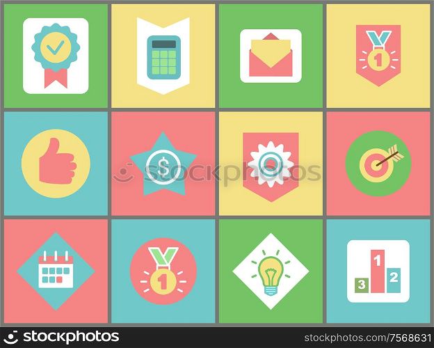 Work and business icons vector. Stamp and calculator, message and medal, thumb up and dollar sign, cogwheel and target, calendar and light bulb, pedestal. Business Symbols, Web Icons, Office and Finance