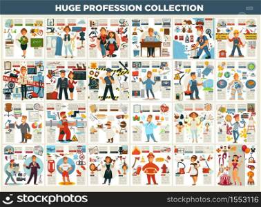 Work and job profession collection career vector teacher and designer stylist and writer desinsector and engineer seller and airplane board crew police officer and programmer electrician and spaceman. Profession collection work and job career and working equipment