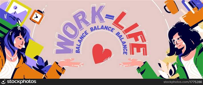 Work and life balance cartoon poster, businesswoman sitting at workplace solve dilemma choosing between career or family, difficult solution, home or office choice, Vector line art web banner. Work and life balance cartoon poster, banner