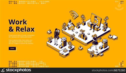 Work and relax banner. Concept of work organization and healthy routine without stress. Vector landing page with isometric office with resting people in meditation and virtual game. Vector landing page with work and relax concept