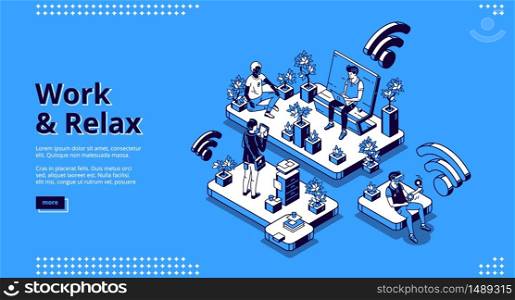 Work and relax isometric landing page, business people working on laptop sitting on bench in park and meditating in lotus posture among plants. Yoga relaxation in office, 3d vector line art web banner. Work and relax isometric landing page, web banner