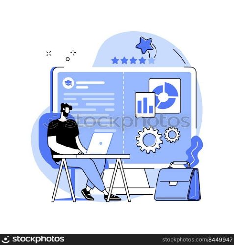 Work and study isolated cartoon vector illustrations. Man looking at laptop, flexible schedule, combine studying with job, online degree, distance learning, virtual education vector cartoon.. Work and study isolated cartoon vector illustrations.