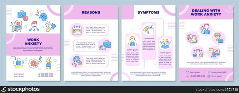 Work anxiety pink brochure template. Reasons and overcome. Booklet print design with linear icons. Vector layouts for presentation, annual reports, ads. Arial-Black, Myriad Pro-Regular fonts used. Work anxiety pink brochure template