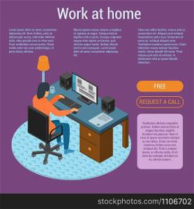 Work at home concept background. Isometric illustration of work at home vector concept background for web design. Work at home concept background, isometric style
