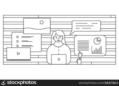 Work at home concept design. Freelance woman working on laptop at her house. Vector illustration isolated, white background. Online study, education. Sitting at the table. Outline, line, doodle style. Work at home concept design. Freelance woman working on laptop at her house. Vector illustration isolated, white background. Online study, education. Sitting at the table. Outline, line, doodle style.