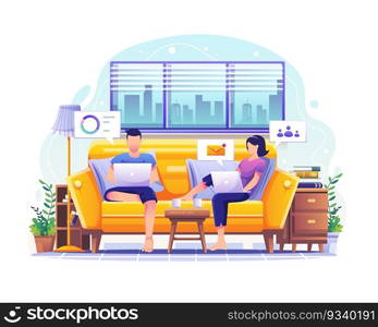 Work at home concept design. man and woman sitting on the sofa working on laptops and computers at home. Flat vector illustration