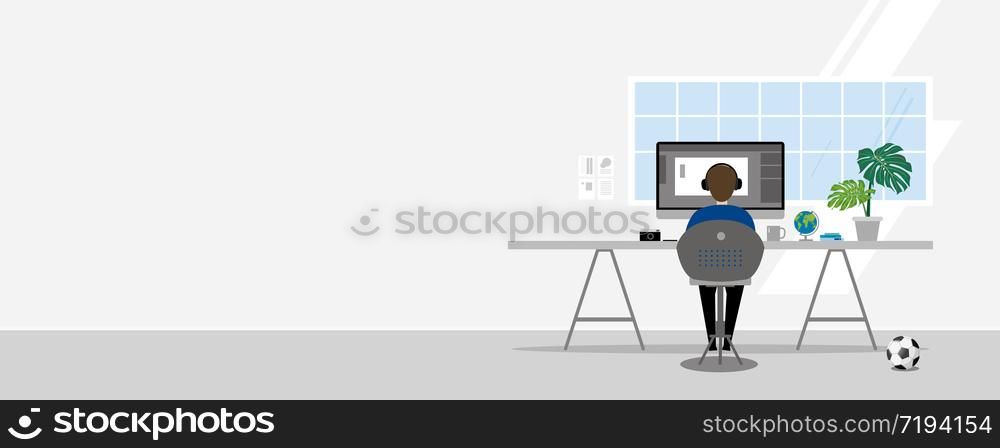 Work at home design of man using computer in white room vector illustration