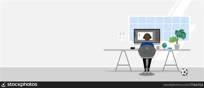 Work at home design of man using computer in white room vector illustration