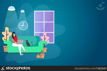 Work at home during an outbreak of the COVID-19 virus. People work at home to prevent a viral infection. Woman works on laptop and the cat sat the green sofa at home. Quarantine to prevent coronovirus infection.