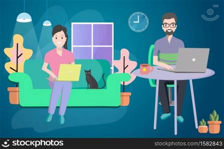 Work at home during an outbreak of the COVID-19 virus. People work on laptop at home to prevent a viral infection. composition as women with cat sit on sofa and men sit at the dining table.