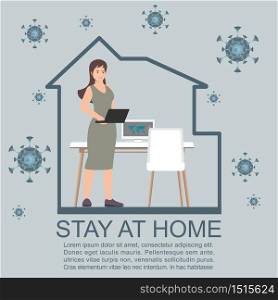 Work at home during isolation.Stay at home during the coronavirus epidemic. Female employee works from home. Coronavirus conceptual Vector illustration.