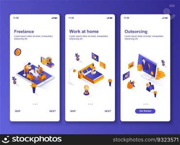 Work at home isometric GUI design kit. Freelance occupation, outsourcing company templates for mobile app. Remote workforce UI UX onboarding screens. Vector illustration with tiny people characters.. Work at home isometric GUI design kit.