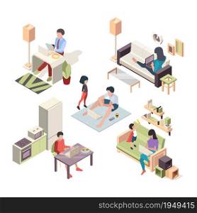 Work at home isometric. People working at laptop sitting on comfortable places freelancers remote vector set. Isometric business professional working, businessman 3d workplace at home illustration. Work at home isometric. People working at laptop sitting on comfortable places freelancers remote garish vector set