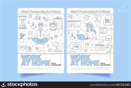 Work at home posters with man in yoga pose, woman with laptop, clock, ca≤ndar and checklist. Concept of freelance, remote work, time mana≥ment, vector ban≠rs with dood≤illustration. Work at home posters, freelance