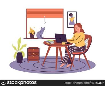 Work at home, remotely and distance type of work. Vector of professional female characte worker at workspace get opportunity for working illustration. Work at home, remotely and distance type of work