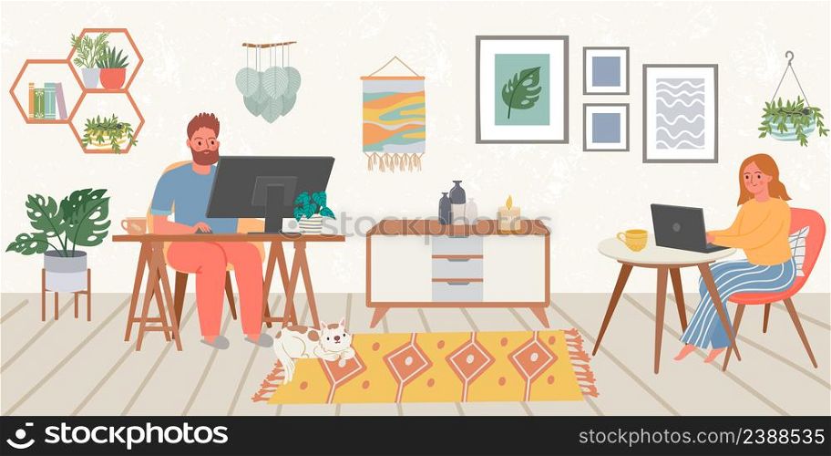 Work at home, remotely working process with laptop. Vector remote online, home office workplace, female working freelance illustration. Work at home, remotely working process with laptop