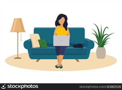 Work at home. Woman with laptop or computer sits on sofa. Freelance or internet worker concept. Online study by student. Girl working on notebook. Cartoon vector illustration