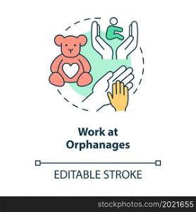 Work at orphanages concept icon. Volunteering help for kids. Support youth by donation, work abstract idea thin line illustration. Vector isolated outline color drawing. Editable stroke. Work at orphanages concept icon