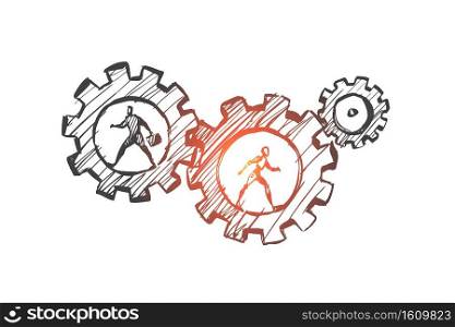 Work, business, automation, HCI, technology concept. Hand drawn human and robot in gears concept sketch. Isolated vector illustration.. Work, business, automation, HCI, technology concept. Hand drawn isolated vector.