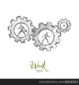 Work, business, automation, HCI, technology concept. Hand drawn human and robot in gears concept sketch. Isolated vector illustration.. Work, business, automation, HCI, technology concept. Hand drawn isolated vector.