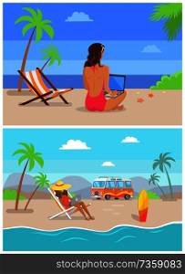 Work by seaside freelance set woman with laptop sitting on sand surfing board and travelling trailer, freelancer at coastline vector illustration. Work by Seaside Freelance Set Vector Illustration