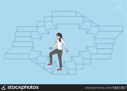 Work, career and success business concept. Young business woman walking up endless stairs on circle vector illustration over blue background . Work, career and success business concept