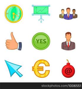 Work case icons set. Cartoon set of 9 work case vector icons for web isolated on white background. Work case icons set, cartoon style