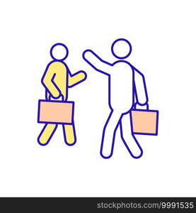 Work colleagues RGB color icon. Workmates. Co-worker relationships. Fellow worker and professional. Acquaintances through company. Working for same organization. Isolated vector illustration. Work colleagues RGB color icon