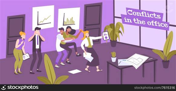 Work conflict flat composition of text and office indoor scenery with human characters of conflicting people vector illustration