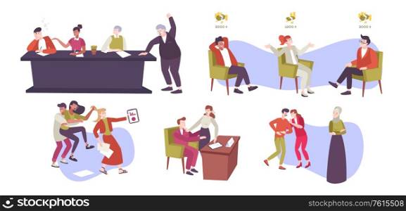Work conflict flat set of isolated icons and doodle style human characters of coworkers in argue vector illustration