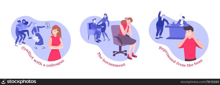 Work conflict flat set of isolated round compositions with text and human characters under harassment reprimand vector illustration