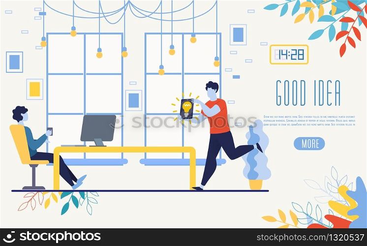 Work Creativity and Ideas Brainstorming Online Service Flat Vector Web Banner, Landing Page with Company Employee Running, Hurrying Present Good Business Idea, Problem Solution to Boss Illustration