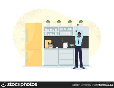 Work day dinner break 2D vector web banner, poster. Worker wait for coffee. Employee stretching arm flat character on cartoon background. Workout in office printable patch, colorful web element. Work day dinner break 2D vector web banner, poster