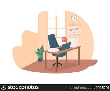 Work deadline 2D vector web banner, poster. Desk of lazy employee. Procrastination habit. Office workplace flat scene on cartoon background. Urgent task printable patch, colorful web element. Work deadline 2D vector web banner, poster