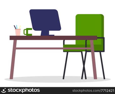 Work desk, monoblock, green cup, stationery, green leather or fabric upholstery chair. Work from home, stay at home. Cartoon furniture, freelancer workplace. Flat vector image isolated on white. Table, chair, candy bar, stationery supplies. Office or home interior. Work from home remotely