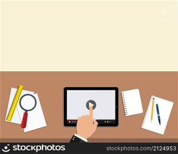 Work desk. Study table with tablet and meeting. Office top view. Cartoon illustration forc education. Workplace in classroom. Flat style. Vector.