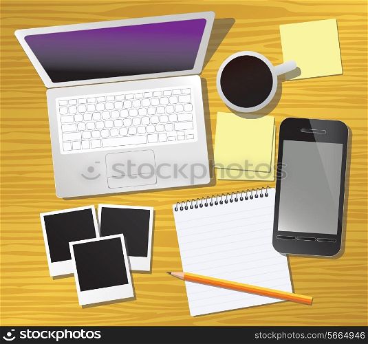 Work desk with office stationery, vector