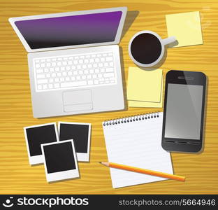 Work desk with office stationery, vector