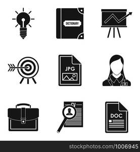 Work document icons set. Simple set of 9 work document vector icons for web isolated on white background. Work document icons set, simple style