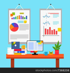 Work environment with graphics or chart on walls. Wooden table, computer screen, indoor plant, pile of folders and documents vector illustration.. Work Environment with Graphics or Chart on Walls