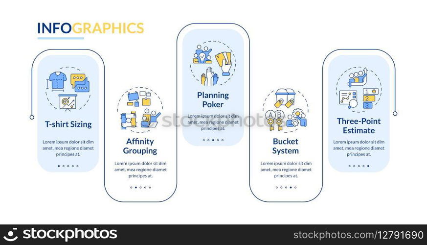 Work estimation techniques rectangle infographic vector. Agile methodology, development. Data visualization with 5 steps. Editable rectangular options chart. Lato-Bold, Regular fonts used. Work estimation techniques rectangle infographic vector