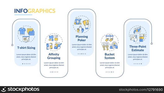 Work estimation techniques rectangle infographic vector. Agile methodology, development. Data visualization with 5 steps. Editable rectangular options chart. Lato-Bold, Regular fonts used. Work estimation techniques rectangle infographic vector