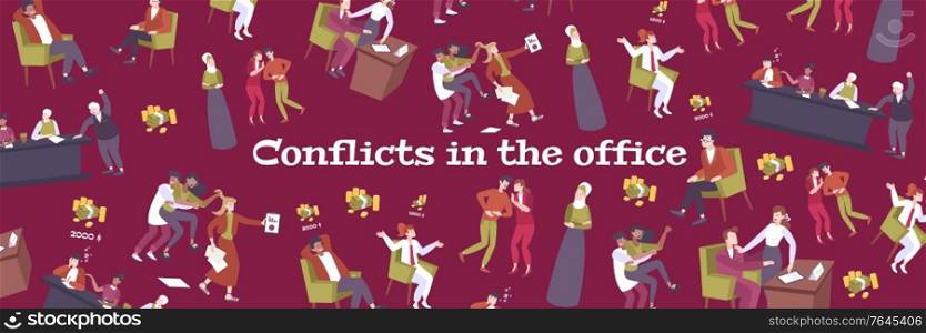 Work ethic site flat composition with text and isolated icons and characters of conflicting office workers vector illustration. Office Conflicts Flat Composition