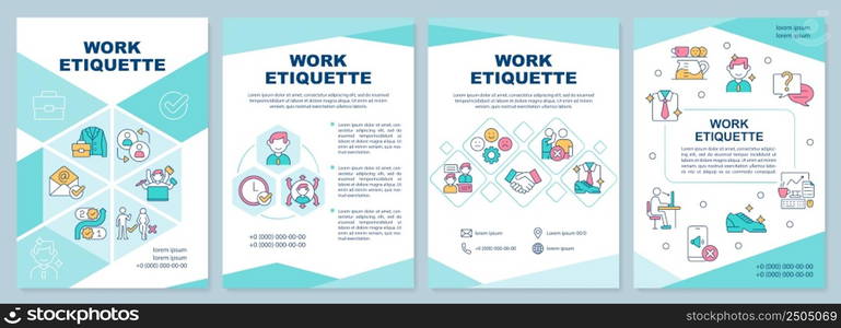 Work etiquette brochure template. Workplace ethical code. Leaflet design with linear icons. 4 vector layouts for presentation, annual reports. Arial-Black, Myriad Pro-Regular fonts used. Work etiquette brochure template