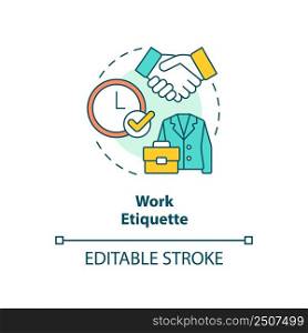 Work etiquette concept icon. Rules and ethical code. Type of etiquette abstract idea thin line illustration. Isolated outline drawing. Editable stroke. Arial, Myriad Pro-Bold fonts used. Work etiquette concept icon