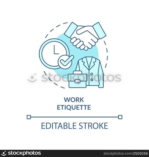 Work etiquette turquoise concept icon. Rules and ethical code. Type of etiquette abstract idea thin line illustration. Isolated outline drawing. Editable stroke. Arial, Myriad Pro-Bold fonts used. Work etiquette turquoise concept icon