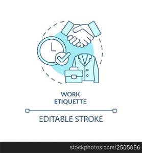 Work etiquette turquoise concept icon. Rules and ethical code. Type of etiquette abstract idea thin line illustration. Isolated outline drawing. Editable stroke. Arial, Myriad Pro-Bold fonts used. Work etiquette turquoise concept icon