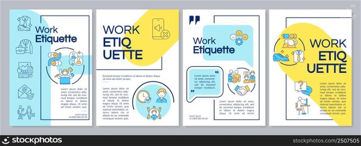 Work etiquette yellow and blue brochure template. Workplace ethical code. Leaflet design with linear icons. 4 vector layouts for presentation, annual reports. Questrial, Lato-Regular fonts used. Work etiquette yellow and blue brochure template