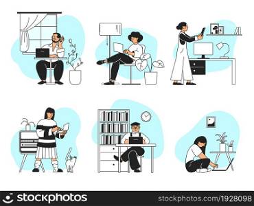 Work from home. Business professional, woman working laptop. Office girl, student at computer. Young adult freelance, remote job recent vector scenes. Woman and man professional work remotly. Work from home. Business professional, woman working laptop. Office girl, student at computer. Young adult freelance, remote job recent vector scenes