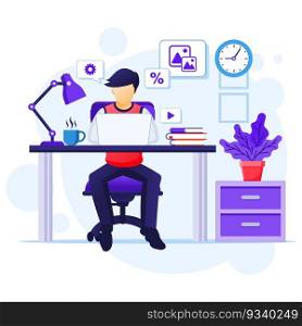 Work from home concept, A man sitting at desk and work on laptop, stay at home, Quarantine during the Coronavirus Epidemic illustration
